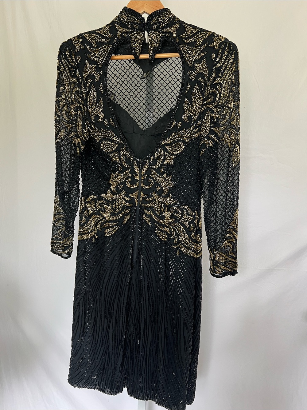 Vintage Black & Gold Beaded Evening Dress - Elegant V-Back Cocktail Dress sz 8